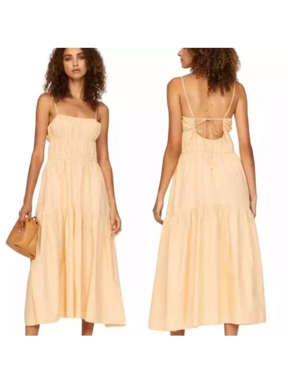 Vince NWT Ruched Tie-Back Camisole Dress Peach Scoop Neck Elastic Waist